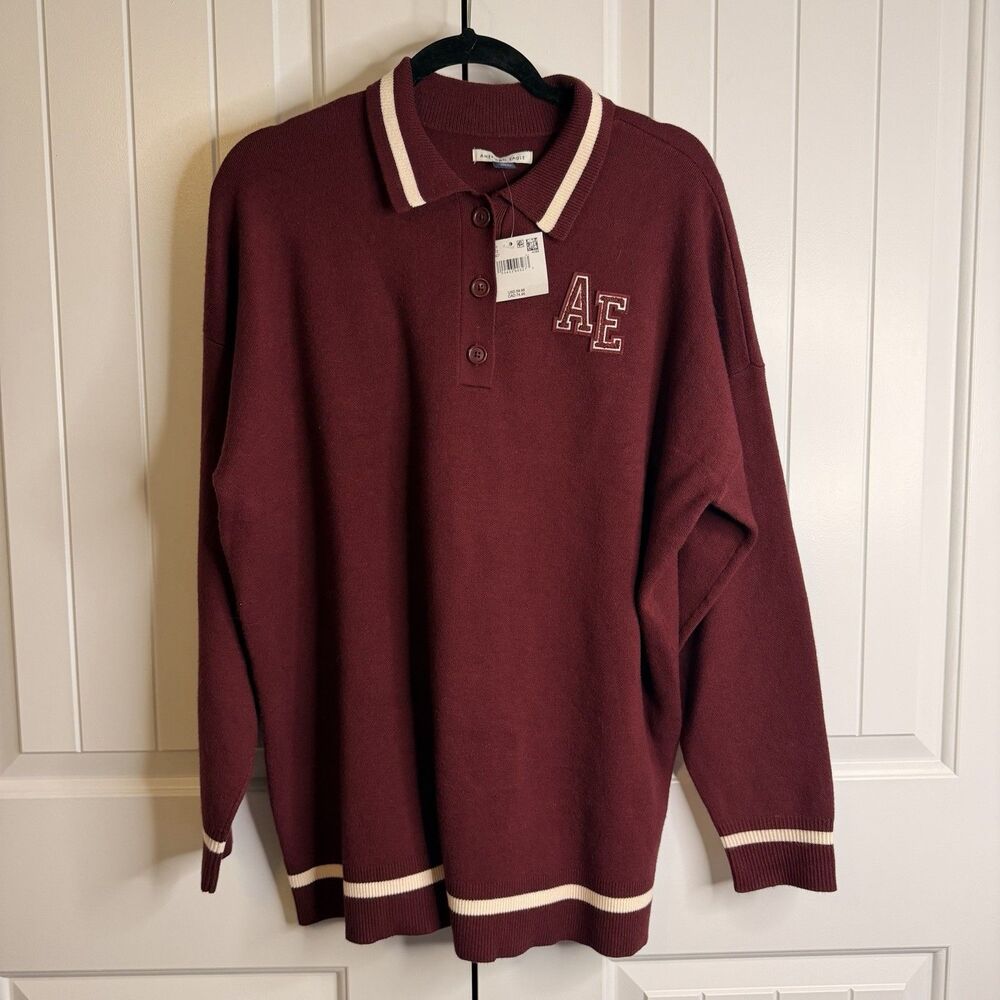 American Eagle AE Varsity Rugby Knit Polo Sweater Burgundy Cream Stripe Men’s M